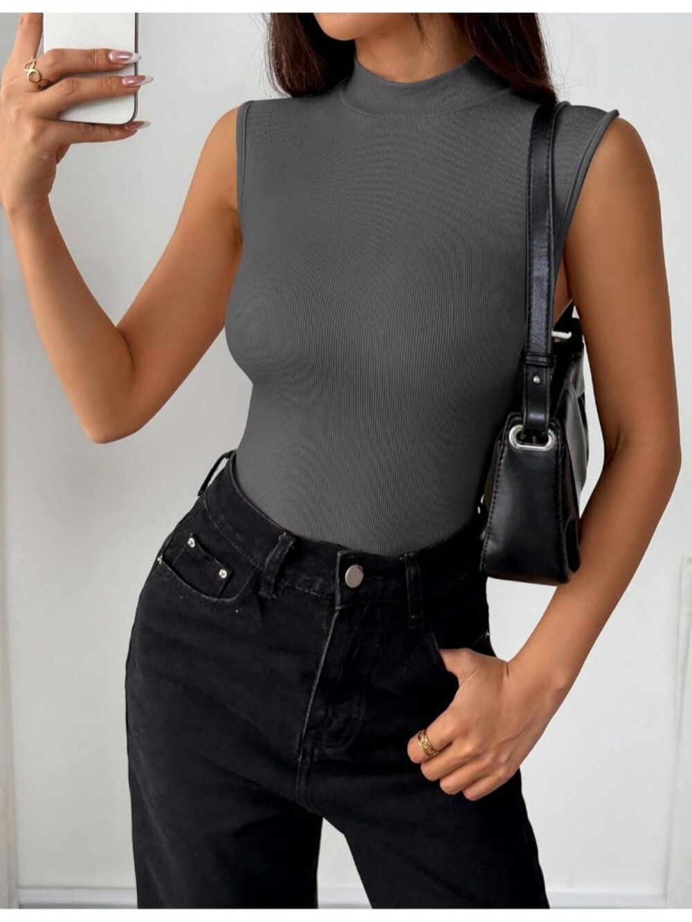 Women's Charcoal Grey Ribbed Mock Neck Tank Top Slim Fit Sleeveless - Picture 4 of 5